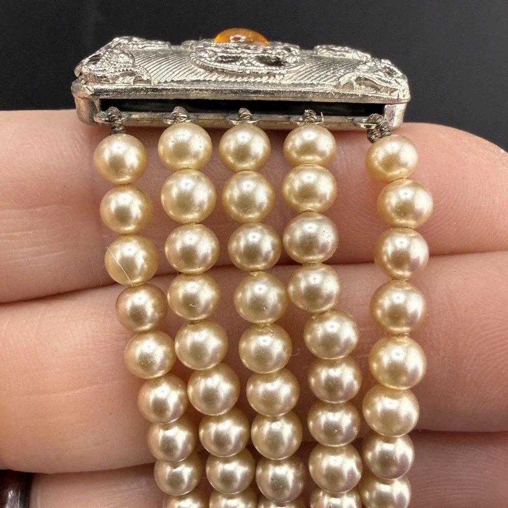 Vintage Faux‎ Pearl Bracelet  Rhinestone Silver Tone 7